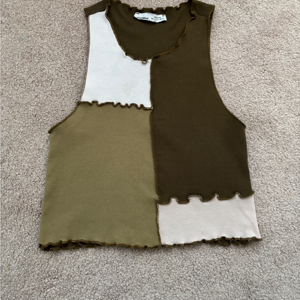 Pull&Bear Olive and Cream Patchwork Crop Top
